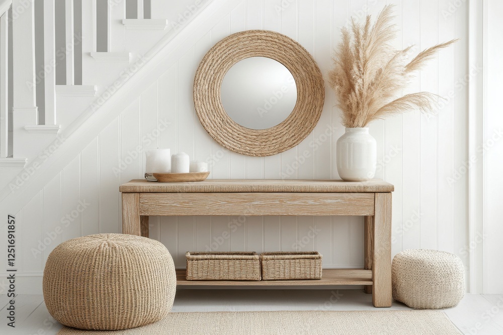 Poster elegant entryway design featuring a sleek console table with round mirror and soft natural light aga