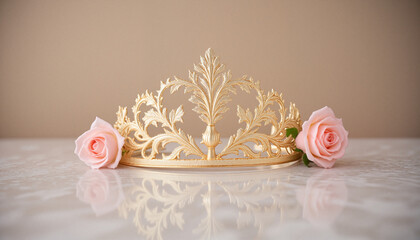 Elegant golden tiara adorned with blush roses on a reflective surface, timeless design