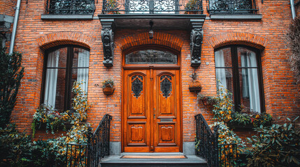 Fototapeta premium Charming European townhouse features vintage brickwork and ornate iron balcony overlooking lush greenery during soft natural lighting