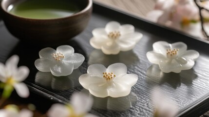 Fototapeta premium A close-up of elegant nerikiri wagashi shaped like cherry blossoms, placed on a dark lacquer tray with a cup of matcha tea