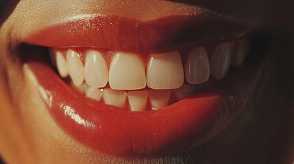 Naklejka premium Close-up of a human mouth smiling, showing healthy teeth and lips, positive expression
