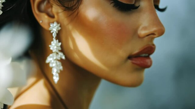 Close-up of a woman's ear with elegant earrings, a diamond earring on the beautiful young girl's face in a portrait. Close-up shot of a bride wearing silver, long drop earrings.