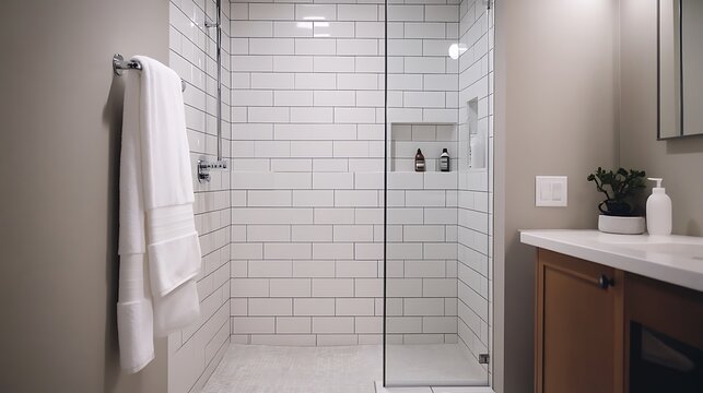 Modern White Tile Shower with Built In Shelf and Towel