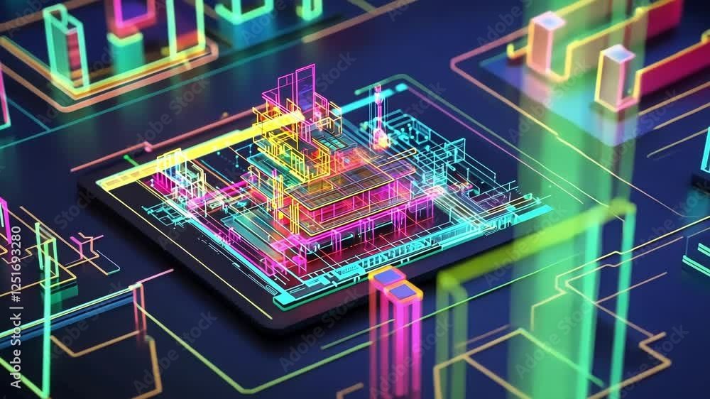 Poster glowing neon lines form an intricate, futuristic structure, symbolizing the complexity and interconn