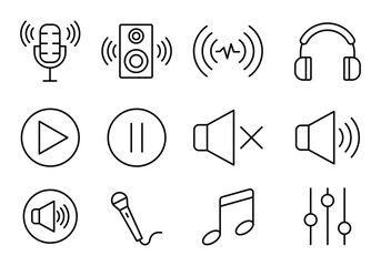 Fototapeta premium Audio button thin line icon set. Musical instrument symbol, linear sound and volume icon set. loudspeaker, mute, microphone, headset. sound, speaker volume, play, video, pause, equalizer,