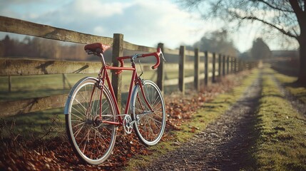 Fototapeta premium Red bicycle rests by rustic fence on rural path, autumn leaves for lifestyle advert