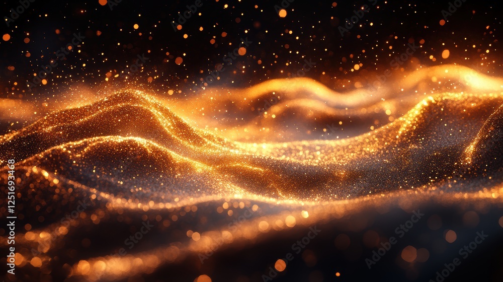 Poster abstract golden waves with sparkling particles creating a mystical atmosphere.