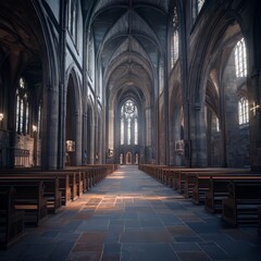 Fototapeta premium Gothic interior with pews and stone floor.