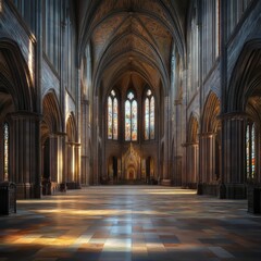 Grand cathedral interior with stained glass.