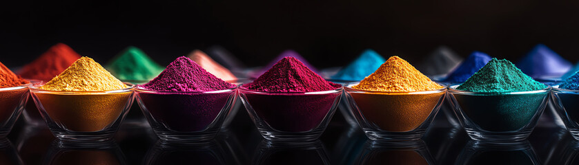 A vibrant display of colorful powders in small bowls, highlighting the beauty and variety of spices used in culinary arts. Perfect for food photography, marketing, and design.