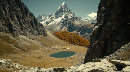 Alpine lake nestled in valley, snow-capped mountain peak
