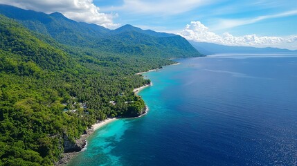 Obraz premium Aerial view of pristine tropical coastline with lush green mountains coastal landscape serene seaside environment