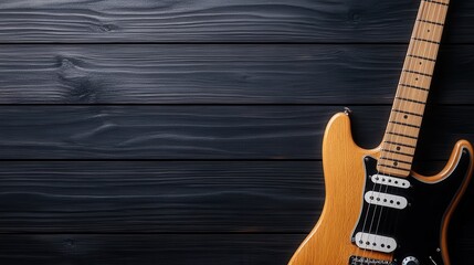 Obraz premium Modern Electric Guitar on Dark Wooden Background for Music Enthusiasts and Sound Lovers
