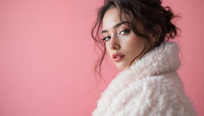 Portrait of Elegant Woman in Fluffy Coat Against Soft Pink Background