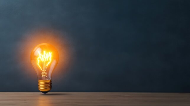 Vintage light bulb glowing with warm filament on wooden table against dark textured background