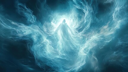 Obraz premium Ethereal figure emerges from swirling blue and white clouds