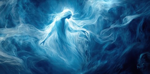 Obraz premium Ethereal woman emerges from a swirling ocean of blue mist