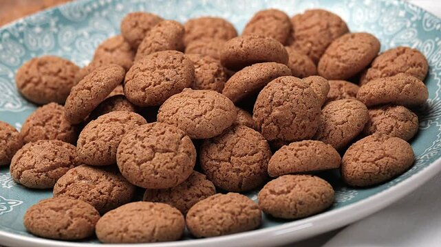 Amaretti di Saronno on the blue plate - close-up - traditional Italian pastry product