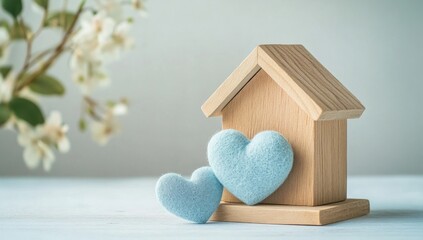 Small wooden house with light blue felt hearts.  Spring flowers in the background.  Soft, pastel colors.  Sweet, romantic, and peaceful home image.