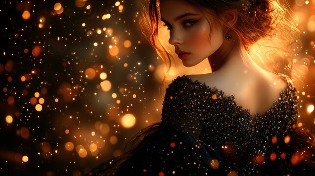 Elegant Woman, Sparkly Dress, Dark Studio, Festive Lights, Fashion