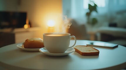 Obraz premium Steaming Coffee Bread And Phone On Table