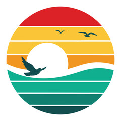 Beach Waves with Seagulls and Sun Silhouette on Retro Striped Vintage Background - Vector Art Illustration