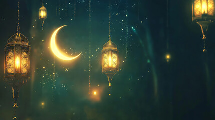 Obraz premium Illuminated Ramadan Lanterns and Crescent Moon Night Scene