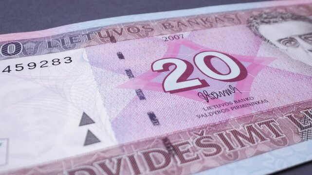 A close-up of a 20 Litas banknote, Lithuania currency (1993&ndash;2014). 