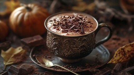 A warm cup of chocolate topped with shavings, surrounded by autumn leaves and pumpkins, evoking a cozy, seasonal atmosphere.