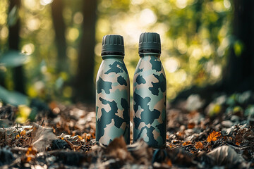 Stylish camouflage water bottles in forest setting, showcasing trendy design. natural background enhances aesthetic appeal of bottles