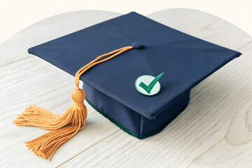 microcredentials, A navy blue graduation cap with a gold tassel and a green checkmark button, symbolizing achievement and educational milestone.