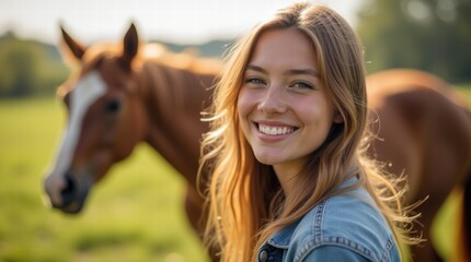 Obraz premium A smiling young woman with a horse in the background