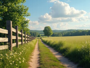 Obraz premium A wooden farm fence lined with wildflowers on a dirt pathway under a sunny sky, surrounded by green fields and trees
