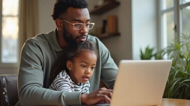 Father works on laptop with his daughter