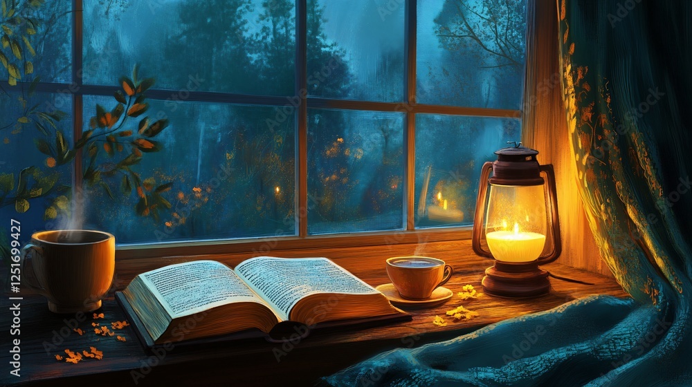 Poster a cozy nighttime scene featuring an open book, a steaming cup, and a lantern, set by a window with a