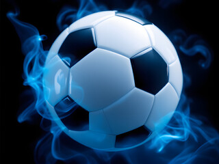 Naklejka premium A glowing soccer ball with blue flames, showcasing dynamic motion and vibrant energy against a dark background.