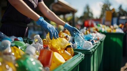 A person wearing gloves sorts plastic waste in green bins, promoting recycling and environmental sustainability in a sunny outdoor setting.