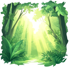 Obraz premium A vibrant, lush forest showcasing rich greenery and sunlight filtering through the trees, creating a serene atmosphere ideal for nature enthusiasts and eco-friendly projects.