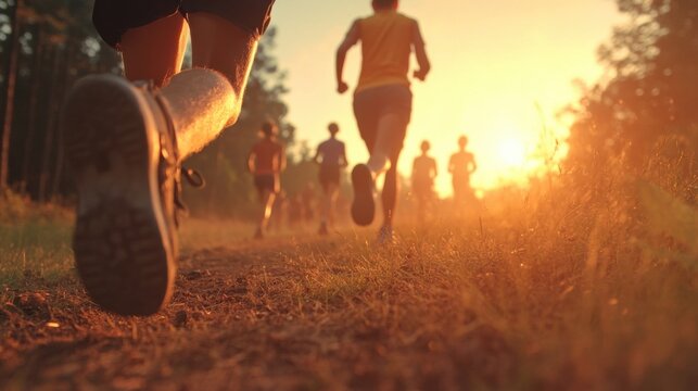 Energizing sunrise running event forest trail sports natural environment dynamic viewpoint promoting fitness and health awareness