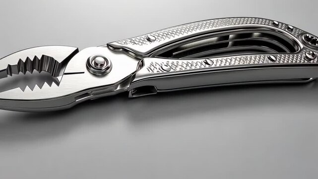 Close-up of a shiny multi-tool pliers on a smooth surface, showcasing its features