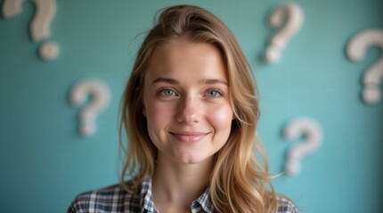 Portrait of a young woman with question marks in the background