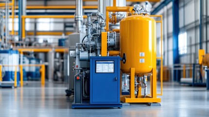 Industrial Equipment with Yellow Tank and Control Panel in Modern Manufacturing Environment