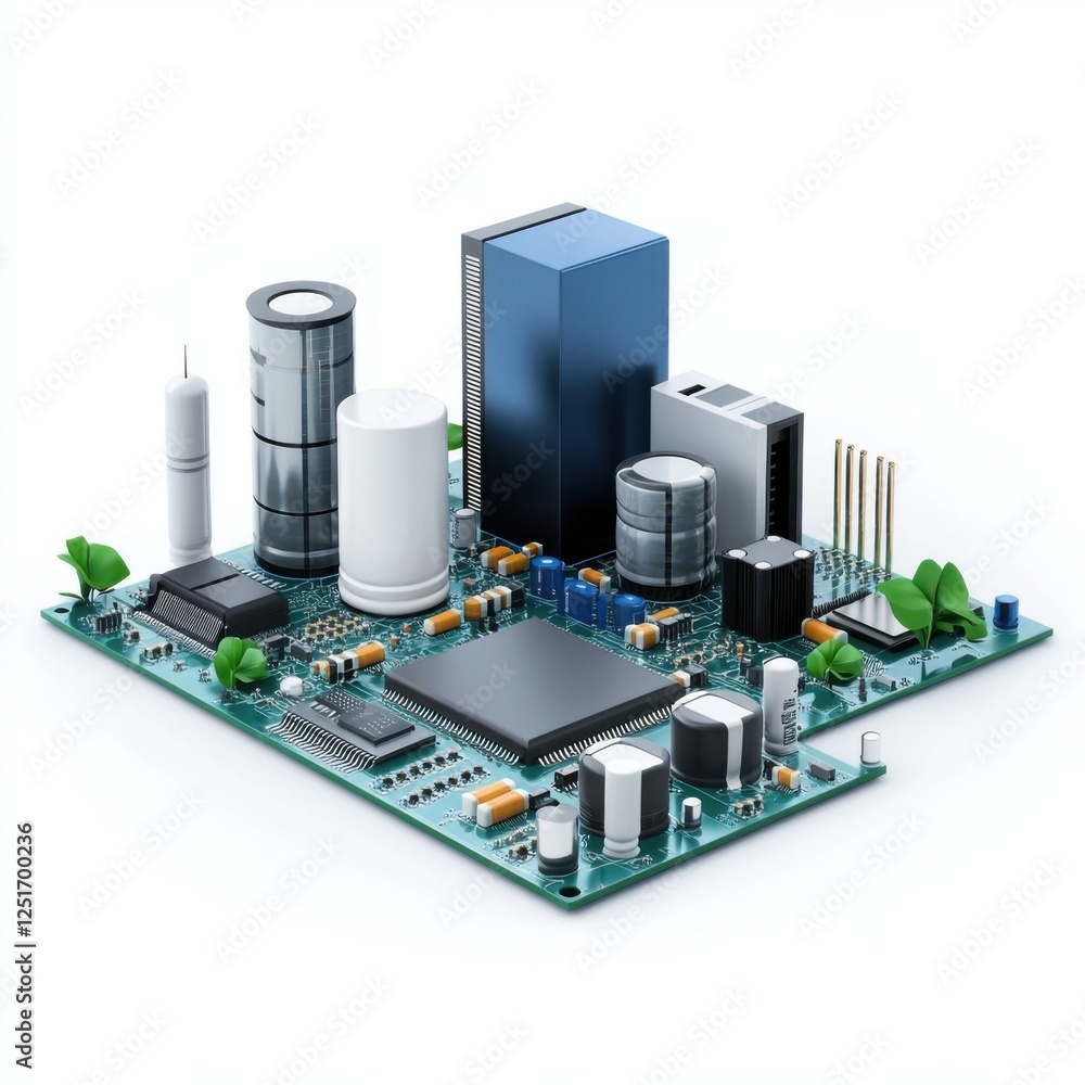 Poster conceptual illustration of a modern circuit board with microchips and urban elements in a futuristic