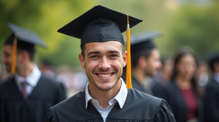 Smiling male graduate wearing cap and gown during a graduation ceremony
