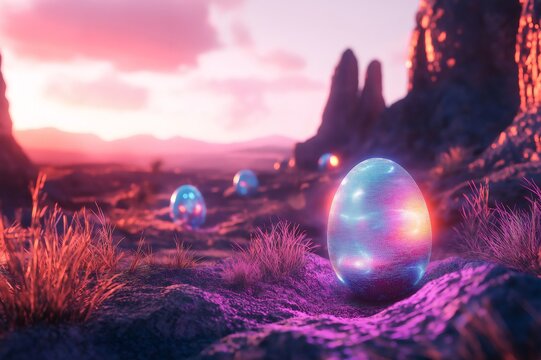 Holographic Easter eggs glowing in a surreal alien desert landscape at sunset, offering a futuristic and unusual Easter celebration
