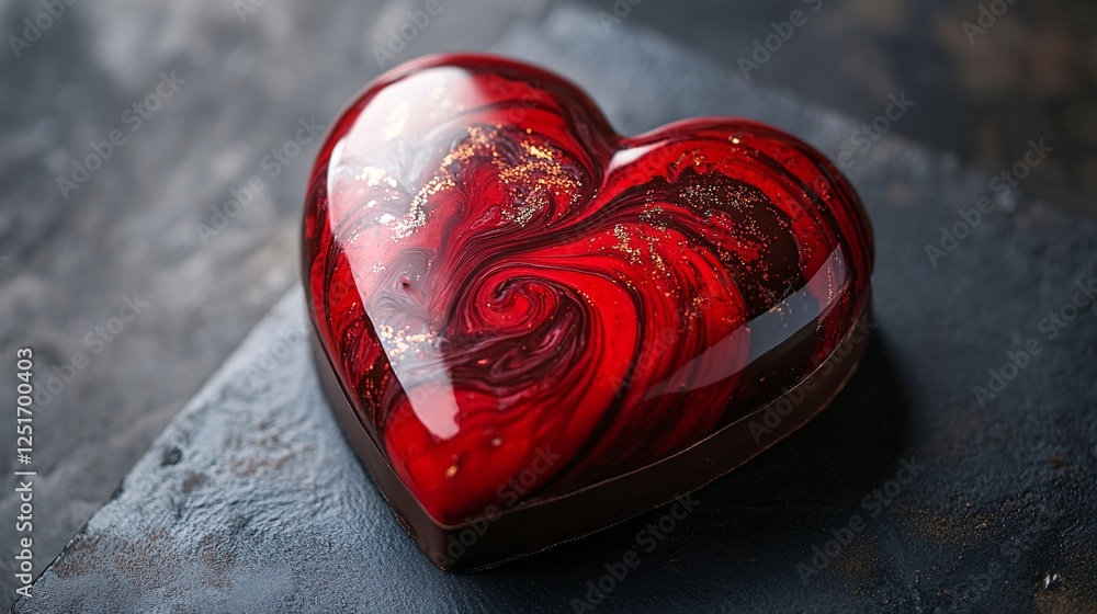 Poster a glossy, red heart-shaped object with swirling patterns rests on a dark surface, exuding a sense of