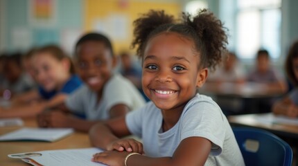 Schoolchildren in a classroom confidently look at the camera with their classmates in the background