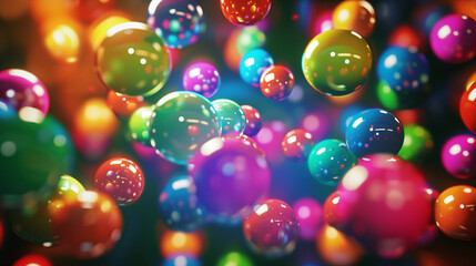 A dark festive background with many bright multi -colored balls made of plastic, rubber or glass. The balls create an atmosphere of joy and fun, shimmering with various shades