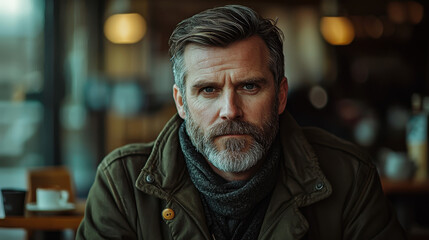 Fototapeta premium Man sitting in a cozy cafe with a cup of coffee, exuding sophistication in a warm and inviting atmosphere