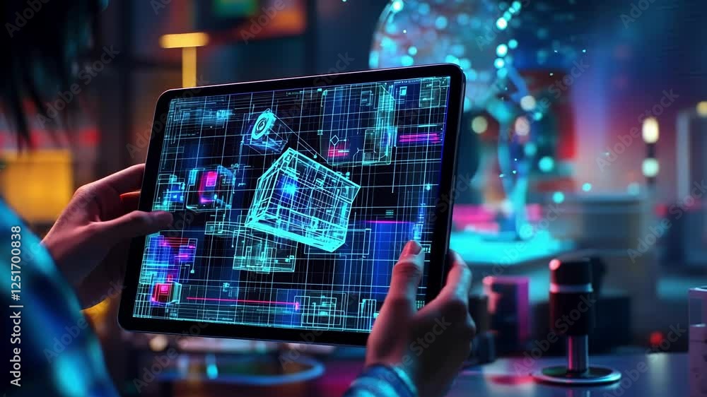 Poster software engineer using stylus pen and digital tablet with futuristic holographic interface, manipul